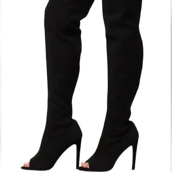 Cape Robbin Shoes - CAPE ROBBIN ELNORA THIGH HIGH STILETTO OPEN TOE BLACK WOVEN BOOTS SZ 8.5